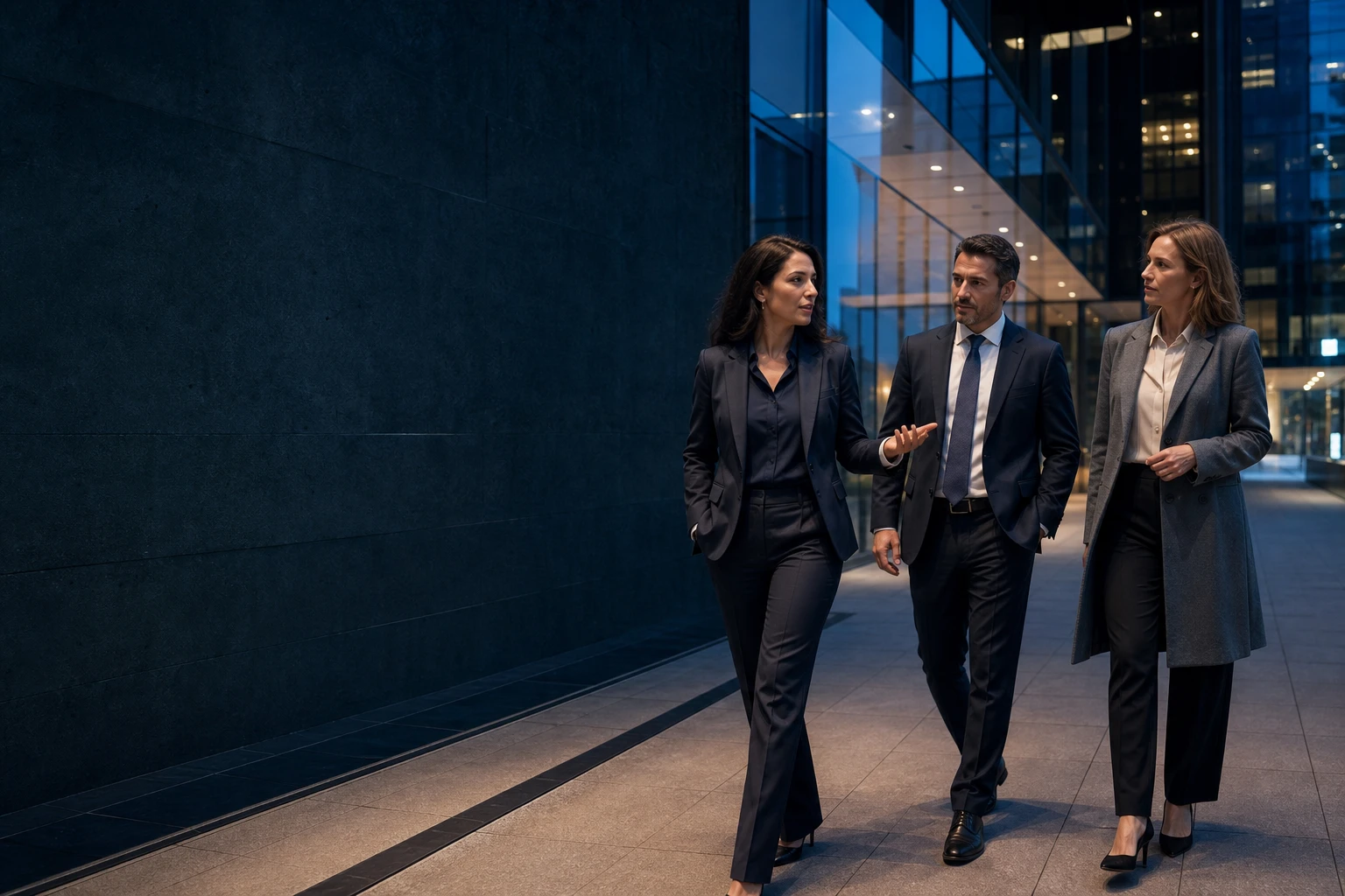 International leaders moving forward in a modern business district